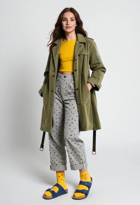 (realistic photograph of woman wearing socks sandals trousers coat), 1girl, solo, dynamic_pose, simple_background, white_background, scksnsndls, patterned blue and yellow socks, gray trousers, red and green coat, full_body, birksonsocks, birkenstock