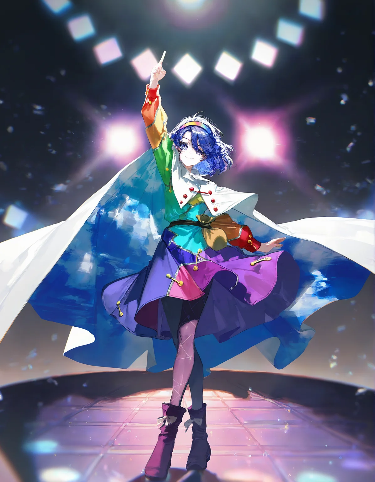 tenkyuu_chimata, 1girl ,rella, quasarcake:0.7, rolua, optical illusion, negative space, saturday_night_fever,blue_hair, breasts, cape, hairband , looking_at_viewer ,multicolored_hairband, pantyhose, purple_eyes ,short_hair ,smile, solo, sweat ,white_cape, disc, disco,CDs, arm_up , index_finger_raised, outstretched_arm , dance_floor, dancing,wide shot, one hand point to sky one hand point to the ground,
<lora:illustrious_noobai_epsilon_pred_1_best_quality_v1:0.7> ,<lora:illustrious_noobai_epsilon_pred_1_masterpieces_v1:0.7>, <lora:ponyv4_noob1_2_adamW:0.5>, <lora:add_details_xl:0.7>, <lora:CDs_SDXL:1>,
masterpiece, best quality, amazing quality, very aesthetic, absurdres, newest,