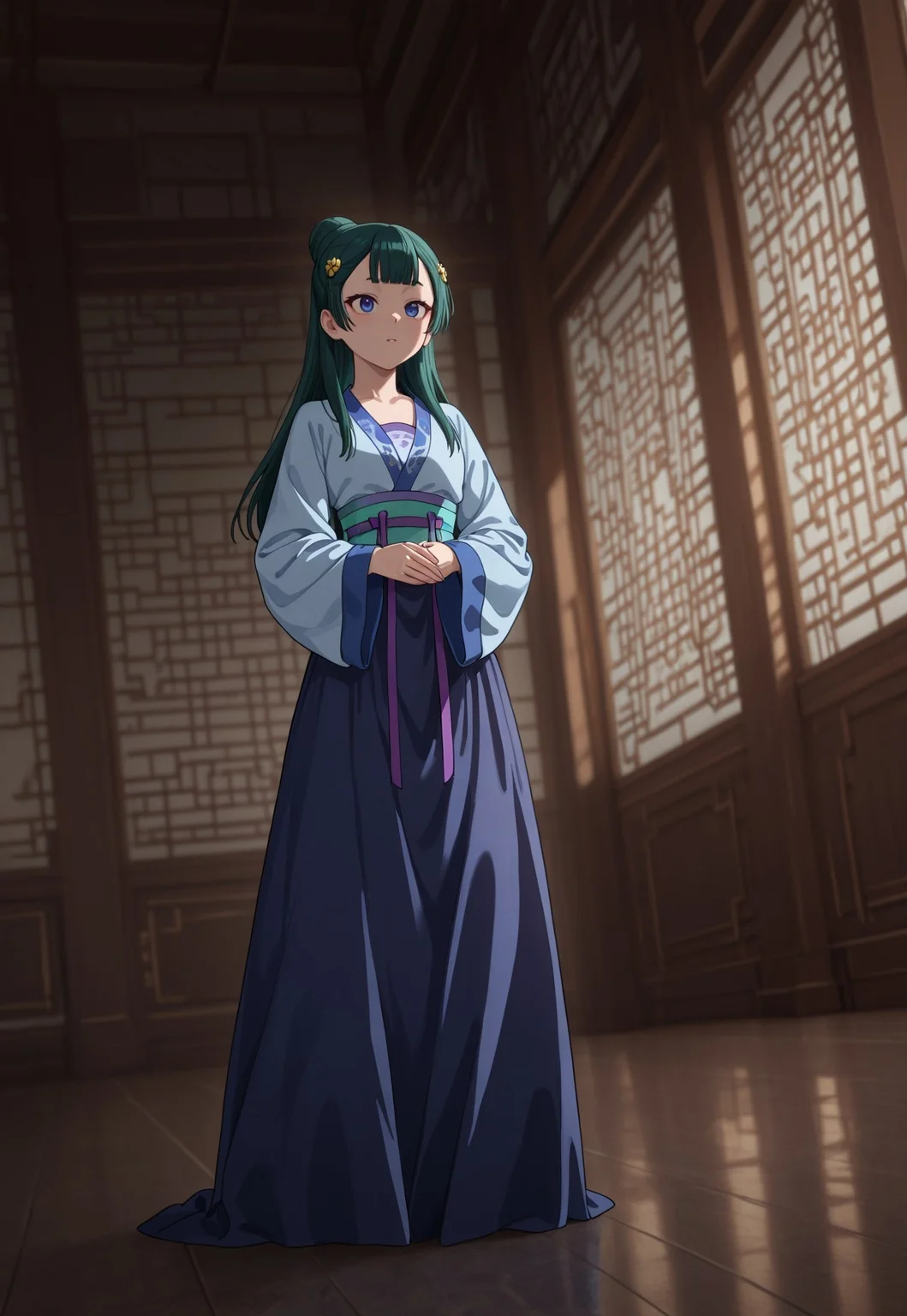 masterpiece, best quality, amazing quality, very aesthetic, absurdres, dynamic angle, ultra-detailed, highly detailed, cinematic lighting, realistic shading, intricate details, soft lighting, high contrast, depth of field, full body, ADCPDMao2, 1girl, green hair, blue eyes, flat chest, CPDhairstyle, official alternate hairstyle, single hair bun, half updo, center-flap bangs, gold flower hair ornament, official alternate costume, duijin ruqun, purple hezi, purple ribbon, turquoise sash, blue daxiushan, wide sleeves, dark blue skirt, indoors, east asian architecture, standing, own hands together