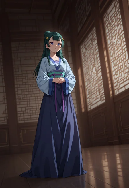 masterpiece, best quality, amazing quality, very aesthetic, absurdres, dynamic angle, ultra-detailed, highly detailed, cinematic lighting, realistic shading, intricate details, soft lighting, high contrast, depth of field, full body, ADCPDMao2, 1girl, green hair, blue eyes, flat chest, CPDhairstyle, official alternate hairstyle, single hair bun, half updo, center-flap bangs, gold flower hair ornament, official alternate costume, duijin ruqun, purple hezi, purple ribbon, turquoise sash, blue daxiushan, wide sleeves, dark blue skirt, indoors, east asian architecture, standing, own hands together