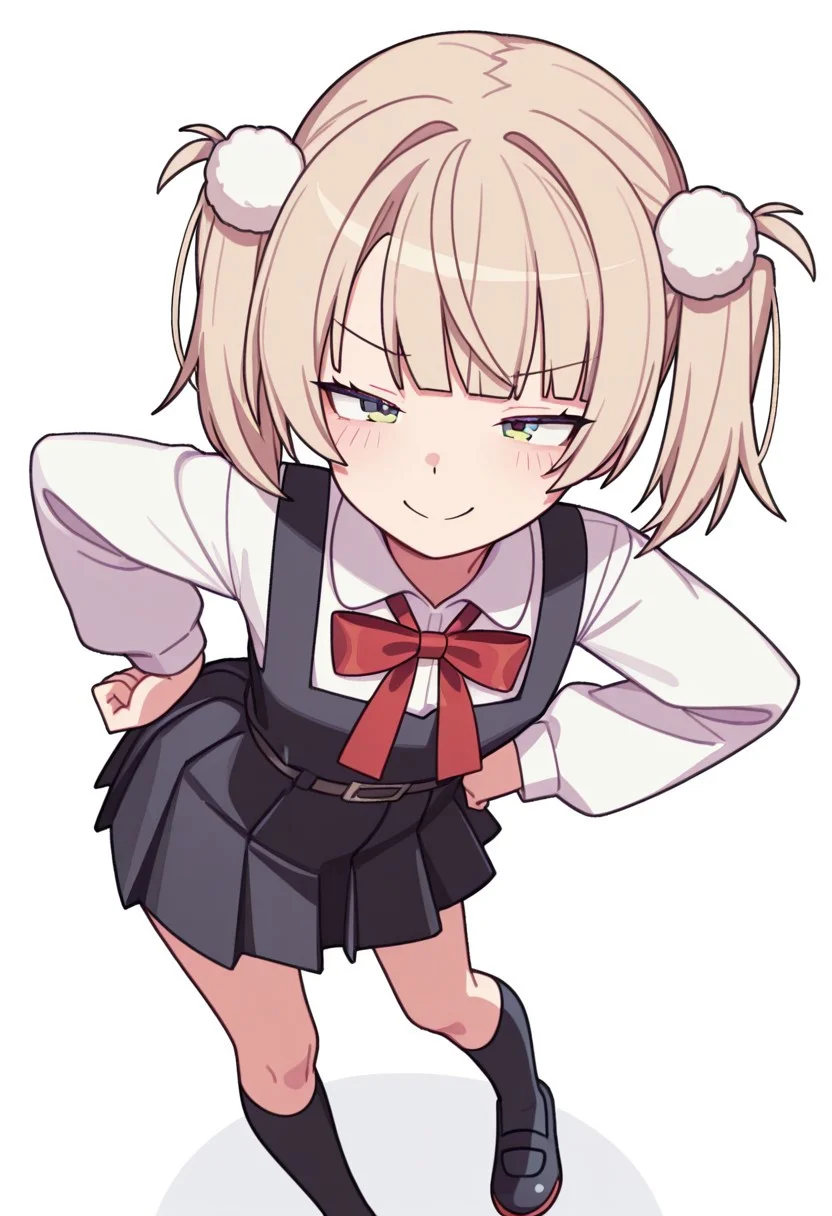 tsunderemaids, Shigure_Ui, school uniform,red bow,collared shirt,white shirt,long sleeves,belt,black dress,sleeveless dress,pleated dress,pinafore dress,flat chest,kneehighs,black footwear,uwabaki ,short hair,light brown hair,twintails,pom pom hair ornament,hair intakes,bangs,green eyes, smug, sadistic, hand on hips, leaning forward, contrapposto, cowboy shot, from above, pov