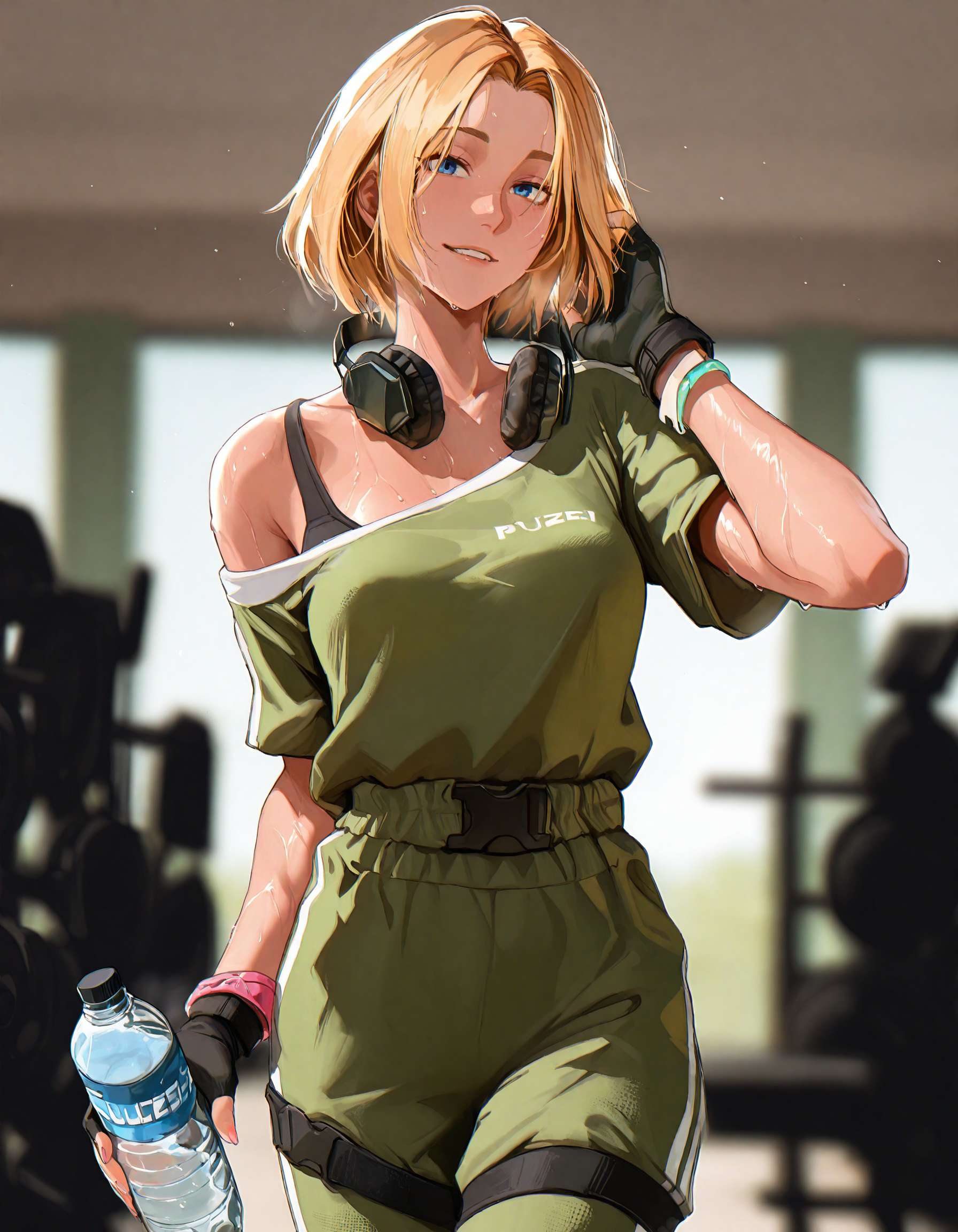 masterpiece, best quality, absurdres, highres, 1girl, solo, iqr6s, blonde hair, blue eyes, light smile, teeth, sweat, green shirt, off shoulder, bra strap, headphones around neck, bracelet, fingerless gloves, green pants, gym pants, thigh straps, slim, medium breasts, belt, looking at viewer, hand up, adjusting hair, holding water bottle, gym, blurred background, side view