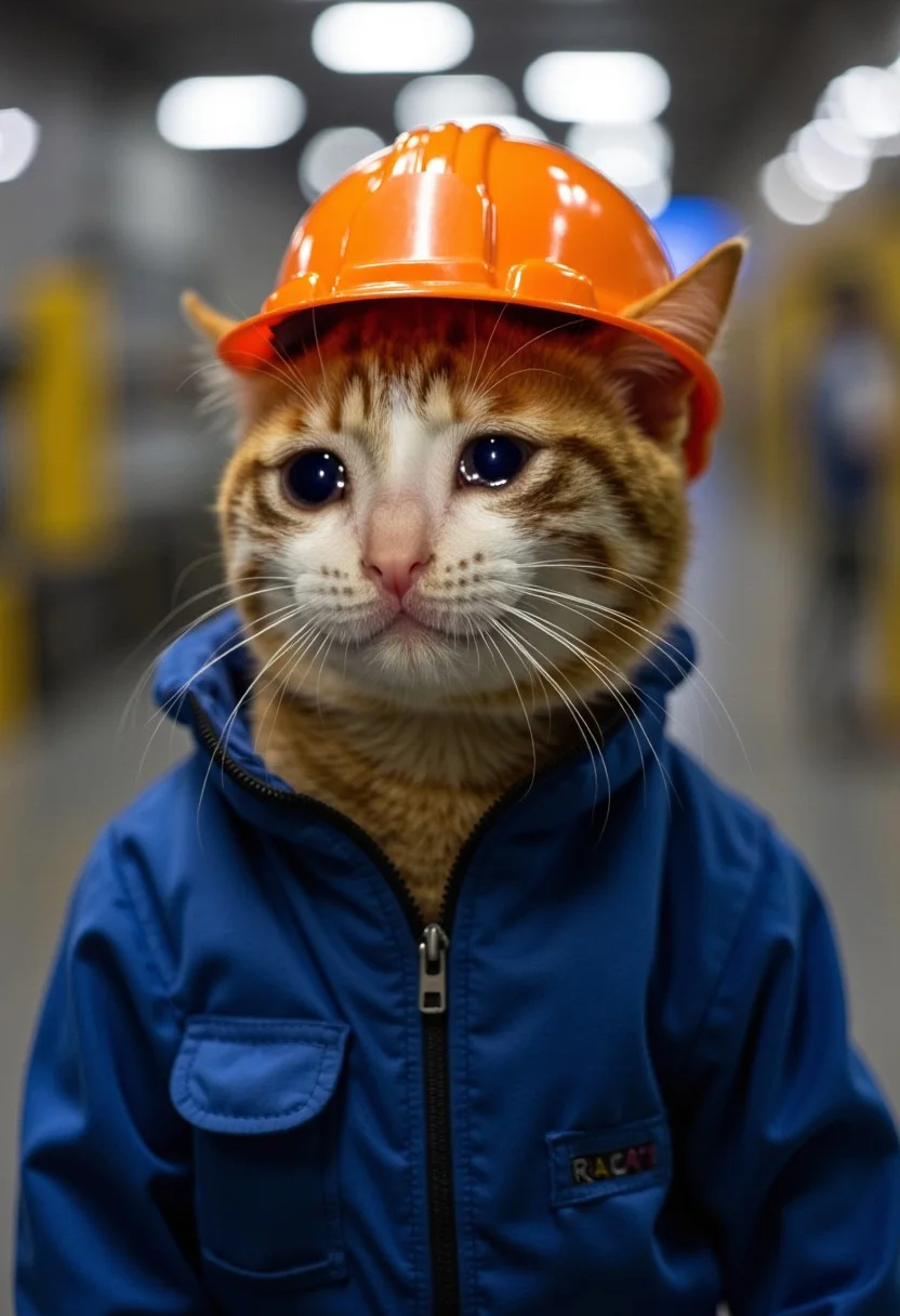 realistic photo of crying cat wearing blue worker jacket and orange hat hat on a factory