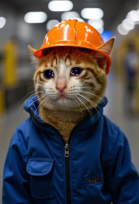 realistic photo of crying cat wearing blue worker jacket and orange hat hat on a factory