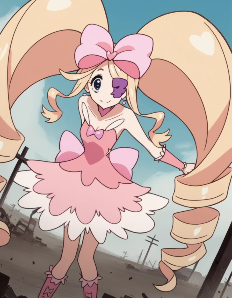 score_9, score_8_up, score_7_up, source_anime,
nuiharime, <lora:nui-harime-s1-ponyxl-lora-nochekaiser:1>,
nui harime, big hair, blonde hair, blue eyes, drill hair, eyepatch, hair bow, long hair, pink bow, twin drills, twintails,
boots, bow, dress, eyepatch, hair bow, pink footwear, strapless, strapless dress,
outdoors, wasteland, bent over, smile,
solo, dutch angle, looking at viewer, cowboy shot,