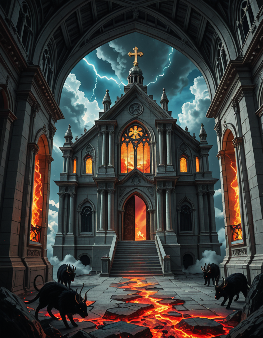 A once-majestic celestial temple, now under siege by the forces of Hell. The grand white stone structure is cracked and scorched, its golden crosses twisted and broken. The stained-glass windows, once glowing with warm divine light, are now shattered, with demonic symbols glowing ominously in their place. The sky, once a serene blue, is now consumed by dark storm clouds, swirling with red lightning and thick smoke.
Black, jagged chains extend from the sky, wrapping around the temple as if trying to pull it down into the abyss. The once-fluffy clouds beneath the structure are now a chaotic mix of fire, ash, and dark mist, with glimpses of molten lava cracks below. Infernal creatures with glowing red eyes lurk in the shadows, their silhouettes barely visible through the smoke and fire.
The temple doors are blown open, revealing an eerie red glow emanating from within, as if Hell itself is consuming the sacred space. Massive demonic runes are etched into the stone, pulsating with an unholy energy. The entire scene is bathed in a deep crimson and orange glow, giving it an apocalyptic and nightmarish atmosphere.
Style & Lighting:
- Dark fantasy, highly detailed
- Dramatic, high-contrast lighting with fiery glows
- Cinematic composition, epic scale
- Strong use of shadows, embers, and atmospheric foghighly detailed and atmospheric view from inside a massive birdcage, large enough for a human to stand inside. The cage is made of ornate, aged metal bars with intricate Victorian-style patterns, curving elegantly towards the domed ceiling. Sunlight filters through the gaps between the bars, casting long, dramatic shadows on the wooden floor. Delicate vines and small flowers have begun to grow around the bars, adding a touch of nature reclaiming the space. The background beyond the cage is blurred, hinting at a lush garden or a mysterious, abandoned mansion. The ambiance is serene yet slightly melancholic, with warm golden light illuminating dust particles floating in the air. Soft feathers are scattered on the floor, adding to the sense of quiet abandonment. The perspective makes the viewer feel as if they are inside the cage, looking outward, surrounded by both beauty and confinement. The style is highly detailed and realistic, with a cinematic and slightly surreal atmosphere.
<lora:SDXLFaeTastic2400:0.4> <lora:extremely_detailed:0.4> extremely detailed, <lora:evil_celestial_t3mpl3-i:1>,evil celestial t3mpl3, Masterpiece,best quality,hi res,8k,hi res,8k,award winning,(sharp focus, intricate, highly detailed),
