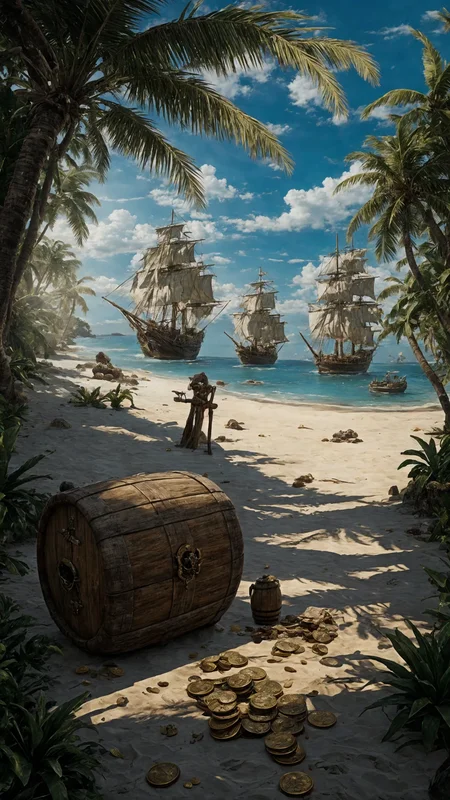 (illustration:1.2), (beautiful caribbean beach pirate landscape), fantasy, sharp focus, (ultradetailed), (ship galleon:1.2), pirate (village), leafy beach coast, (treasure chest with coins, gems and jewels, rum barrel, best quality masterpiece, bright sunny sky, backlight, natural lights, high contrast, hdr, shadows, pretty, beautiful, (PirateDiffusionprt:0.5), <lora:Pirate:0.3> PrateT <lora:PirateRealms:0.3> <lora:Detail Tweaker LoRA add_detail:0.7> <lora:depth_of_field_slider_v1:5> <lora:SDXLrender_v2.0:0.8>
