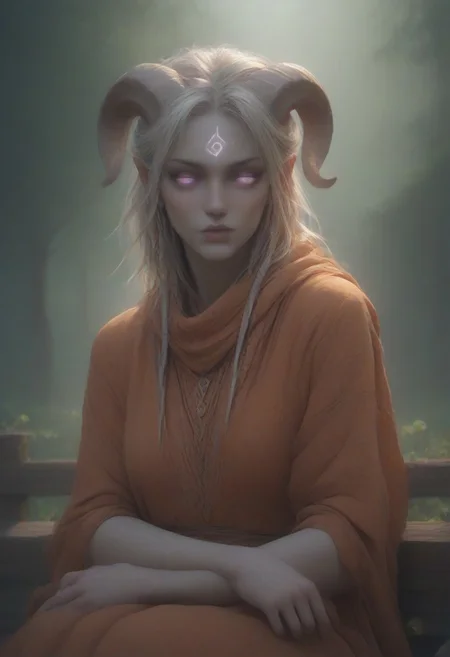 (absurdres, best quality, masterpiece:1.4), score_9, score_8_up, score_7_up, score_6_up, detailed, detailed body, detailed face, world of warcraft, fantasy, <lora:add-detail-xl:1.5>, 
culDraenei, purple eyes, no sclera, no pupils, 
(orange robe, orange silk scarf), sitting on fence, 
upper body,
outdoors, forest