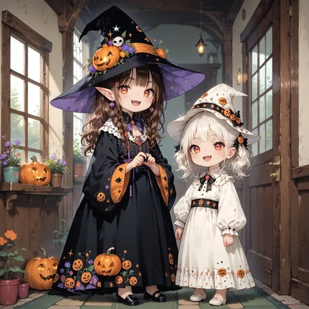 score_9, score_8_up, score_7_up, source_anime, (((2girls))), standing next to each other, girla and girlb, (ultra HD quality details), anime, slightly chibi, BREAK,
girla, on the left, witch costume, witch hat, smug expression, 
BREAK,
girlb, on the right, vampire costume, fangs, claw pose, 
BREAK,
(detailed image, high resolution, 5k resolution:1.0), trick or treat, veranda, at the door, holding candy bags, halloween aesthetics, evening, good hands, perfect hands, perfect fingers