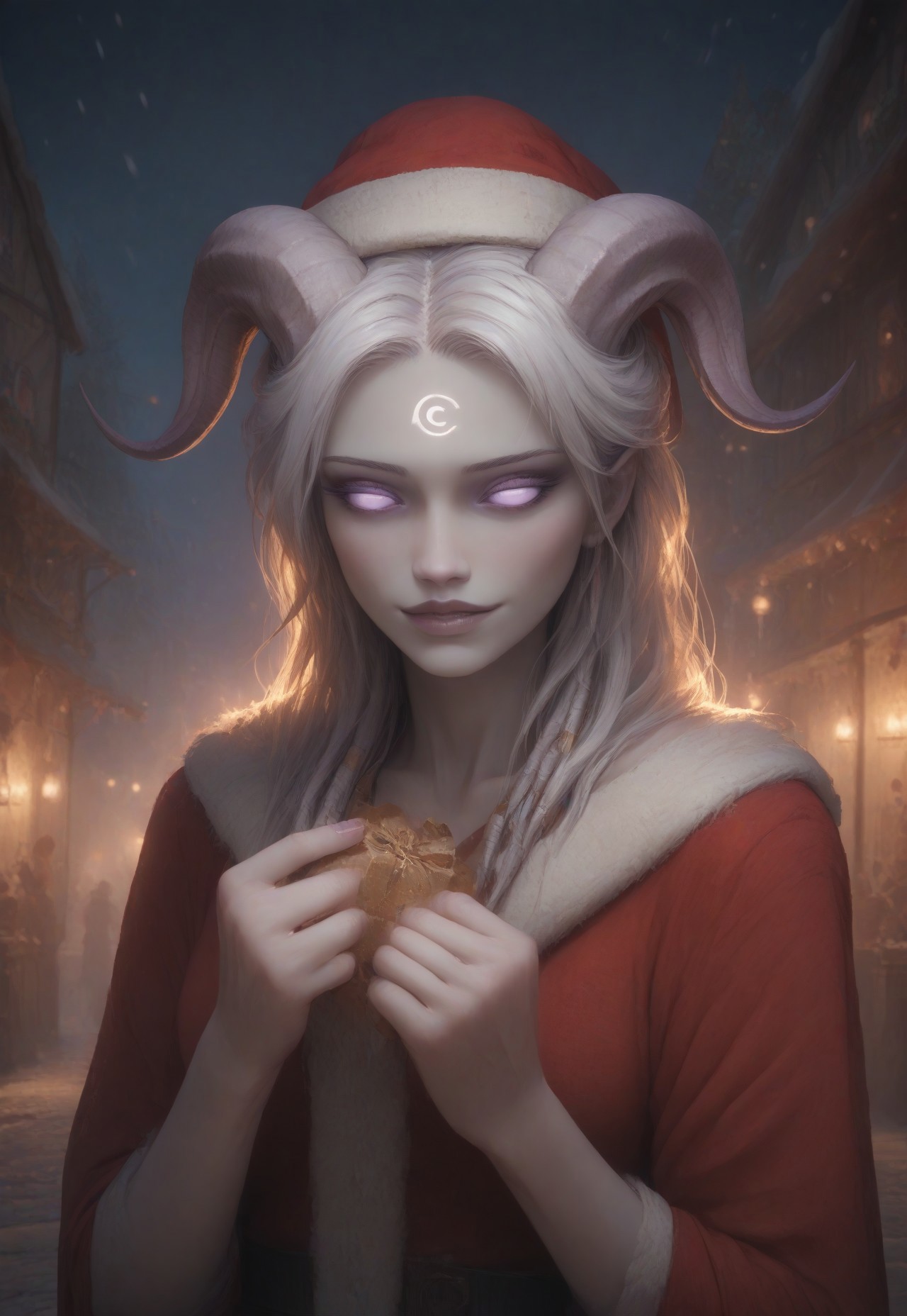(absurdres, best quality, masterpiece:1.4), score_9, score_8_up, score_7_up, score_6_up, detailed, detailed body, detailed face, 
culDraenei, purple eyes, no sclera, no pupils, long ears,
Santa_Dress, Santa Hat, 
upper body, soft smile, holding a present, 
outdoors, fantasy market background, market stalls, food, snow, sunshine