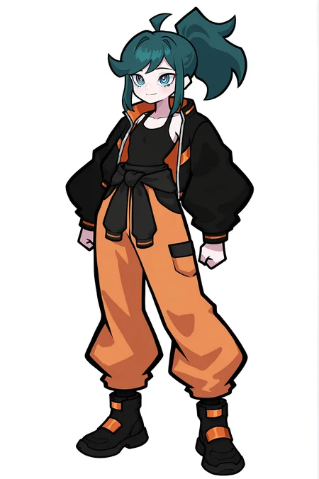 1girl, solo, dark teal hair, dark hair, colored skin, white skin, (reptile scale accents:0.7), medium hair, high ponytail, swept bangs, symmetrical sidelocks, ahoge, blue eyes,
([[medium]] small breasts, tall:1.2), light smile,
black tanktop, orange jumpsuit tied around waist, (cropped black jacket, black jacket:1.3), black boots
white background
masterpiece, best quality, newest, absurdres, highres, sensitive, (yu gi o style:1.1), (panty and stocking style:0.8) <lora:LennaILXL:1>, LennaOC