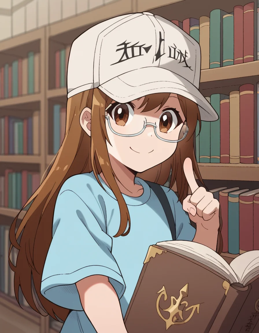 score_9, score_8_up, score_7_up, source_anime, <lora:platelet-s1-ponyxl-lora-nochekaiser:1>, platelet, long hair, brown hair, brown eyes,, shirt, hat, short sleeves, boots, white headwear, blue shirt, flat cap,, library, reading books, glasses, quiet, focused, shelves of books, smile, looking at viewer, hand pointing index finger, solo,, cowboy shot, dutch angle