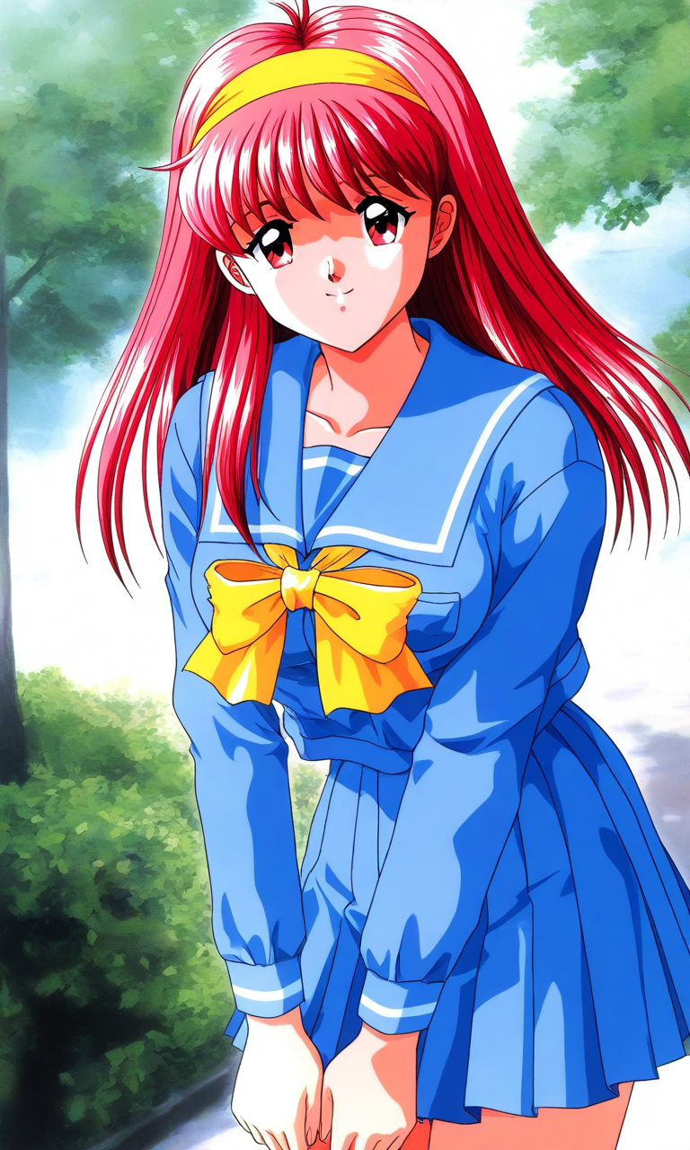 general,highres, ultra-detailed,very aesthetic,best quality ,best hands, BREAK <lora:Fujisaki_Shiori_Tokimeki_Memorial_Ver2.0_IS:1>
Fujisaki_Shiori(Tokimeki_Memorial), 1girl, solo, long hair, Yellow hairband, red hair, red eyes,pink hair, bangs, large breasts,
blue school uniform, serafuku, skirt, bow, smile, long sleeves, yellow bow, blue skirt, blue jacket,
pleated skirt, sailor collar,  blue sailor collar, looking at viewer,
outdoor, tree,