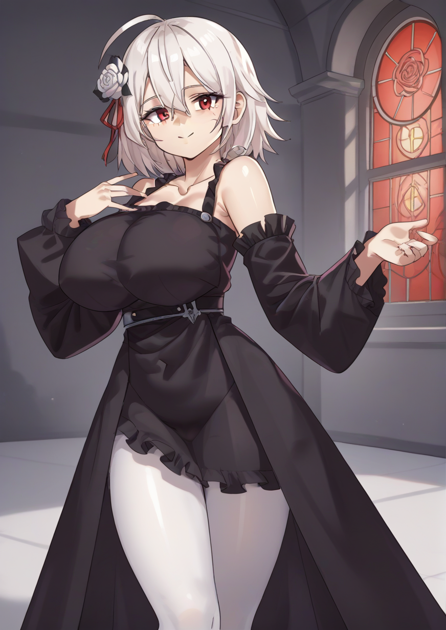 1girl, terror (azur lane), huge breast, ahoge, bare shoulders, black dress, blush, bolt, breasts, closed mouth, collarbone, covered collarbone, detached sleeves, dress, flower, frilled dress, frilled sleeves, frills, hair between eyes, head tilt, indoors, long sleeves, looking at viewer, pantyhose, red eyes, red ribbon, ribbon, rose, short hair, sleeveless, sleeveless dress, sleeves past fingers, sleeves past wrists, smile, solo, stained glass, stitches, white flower, white hair, white pantyhose, white rose, wide sleeves, zPDXL3<lora:ê°ìì¹Potato_guy:1>