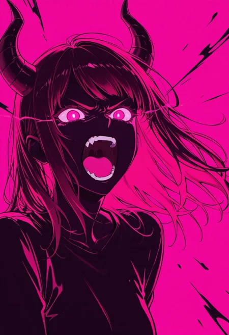 1girl, demon girl, angry, screaming, glowing eyes, horns, black and pink palette, ink style, high contrast, expressive, minimal background
masterpiece, best quality, very awa, absurdres