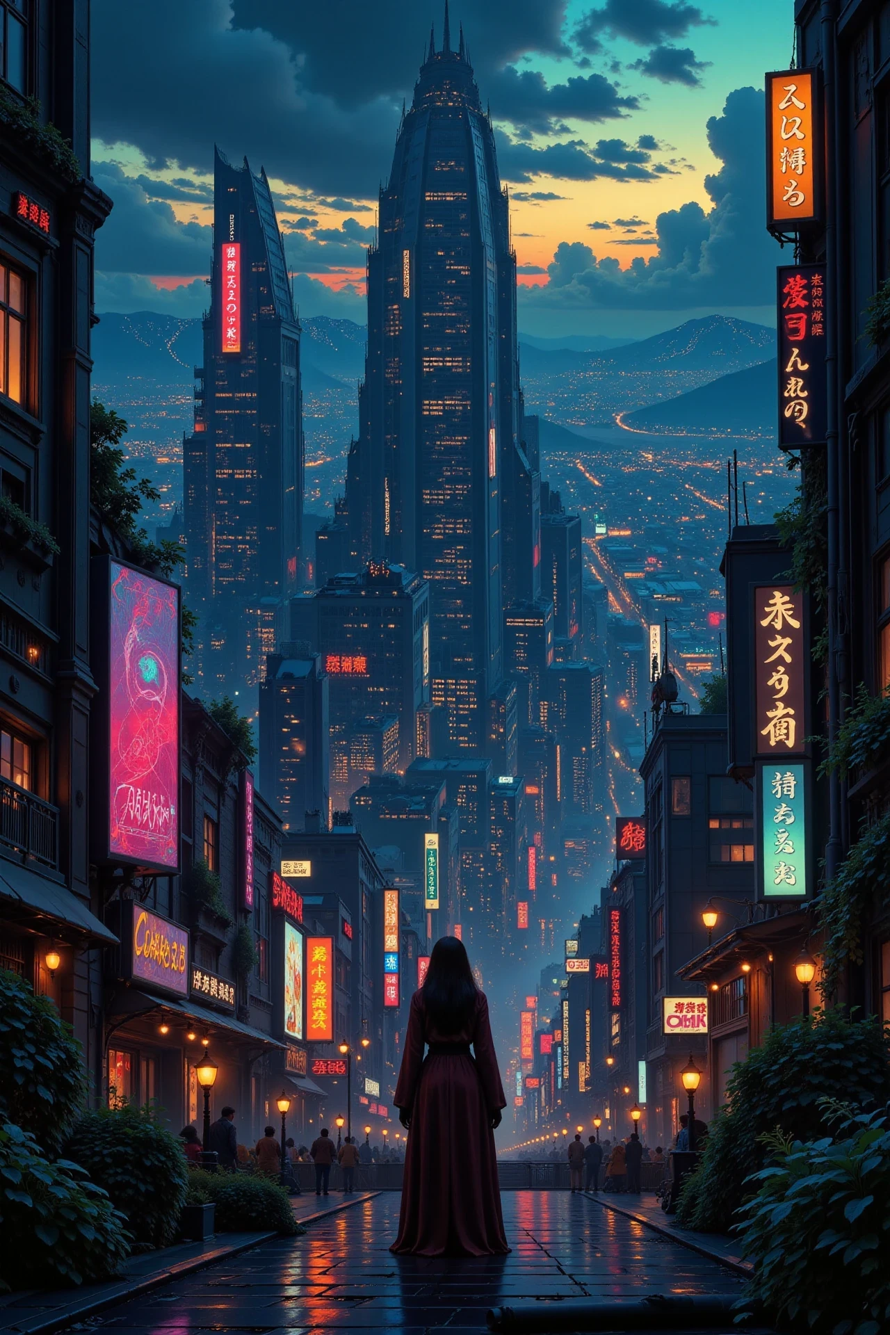 a futuristic sci-fi fantastic cyberpunk city beautiful  landscape, dusk, woman, very intricate, very detailed, sharp, bright, colorful, <lora:Hand v2:0.5> <lora:Anti-Blur:1><lora:Insane Detail Slider:0.25>  <lora:flux.1_lora_flyway_Epic-detail_v2:0.3> <lora:fluxenhancer:0.25> <lora:Anime_style:0.6> anime style