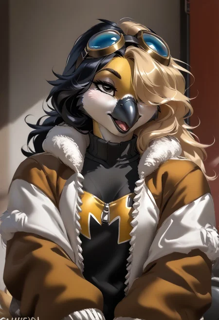 score_9, score_8_up, score_7_up, (by zummeng:1.5), (by jailbird:1.5), (by kittydee:1.5), masterpiece, best quality, (solo),
(Furry Art: great tit:1.5), expressive eyes, feminine eyes, <lora:beautiful_detailed_eyes:1>, perfect face, feminine face, feminine body, black beak, multicolored body, yellow body, black colored down middle of body, black head, white cheeks, (blonde hair:1.5), (long hair), (one eye covered by hair), small breasts, (bomber jacket:1.5), (t-shirt:1), (googles),