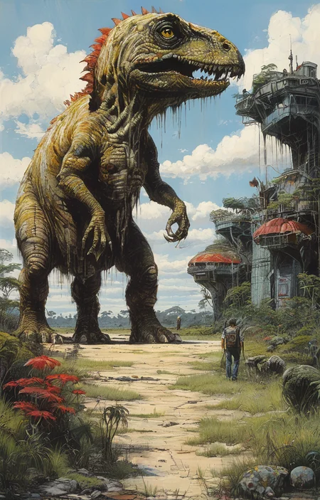 masterpiece,best quality,<lora:tbh275-sdxl:0.9>,illustration,style of William Stout,jurassic park, animals