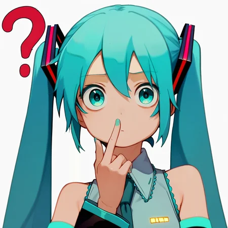 score_8, score_8_up, score_7_up, source_anime, anime screenshot, clagwimoth, confused, ?, portrait, 1girl, solo, female focus, looking at viewer, hatsune miku, aqua hair, aqua eyes, twintails,necktie, collared shirt, sleeveless, bare shoulders, detached sleeves, finger to own chin, simple background, white background,