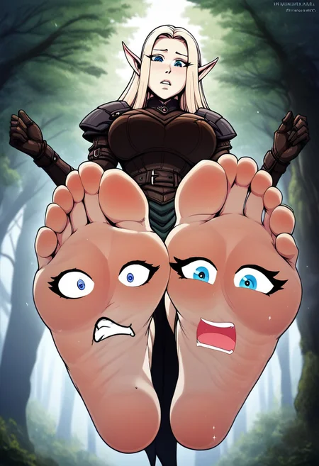 PONYXL_WaifuFeetPics_ownwaifu blonde elf girl in forest at night. wearing leather armor with bare feet, feet soles toes, feet on display, magical sparkles around soles. sentient feet, female faces on soles. worried faces on soles. sentient feet. feet come to life. bold colors. detailed shading. sexy feet. extreme perspective. view from below. elf standing over viewer.
