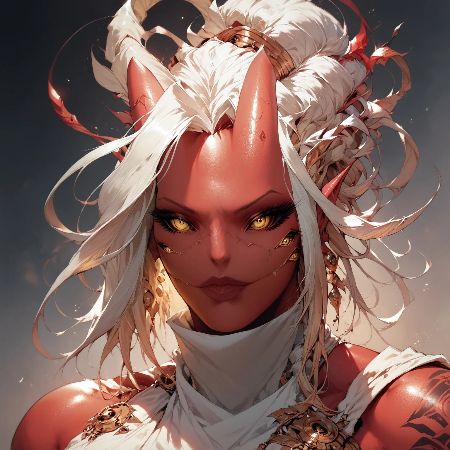 safe_pos, score_9, score_8_up, score_7_up, Zamite, four eyes, horns, high resolution, aesthetic art, red skin, fighter cloth, breasts, tattoos, sesductive,