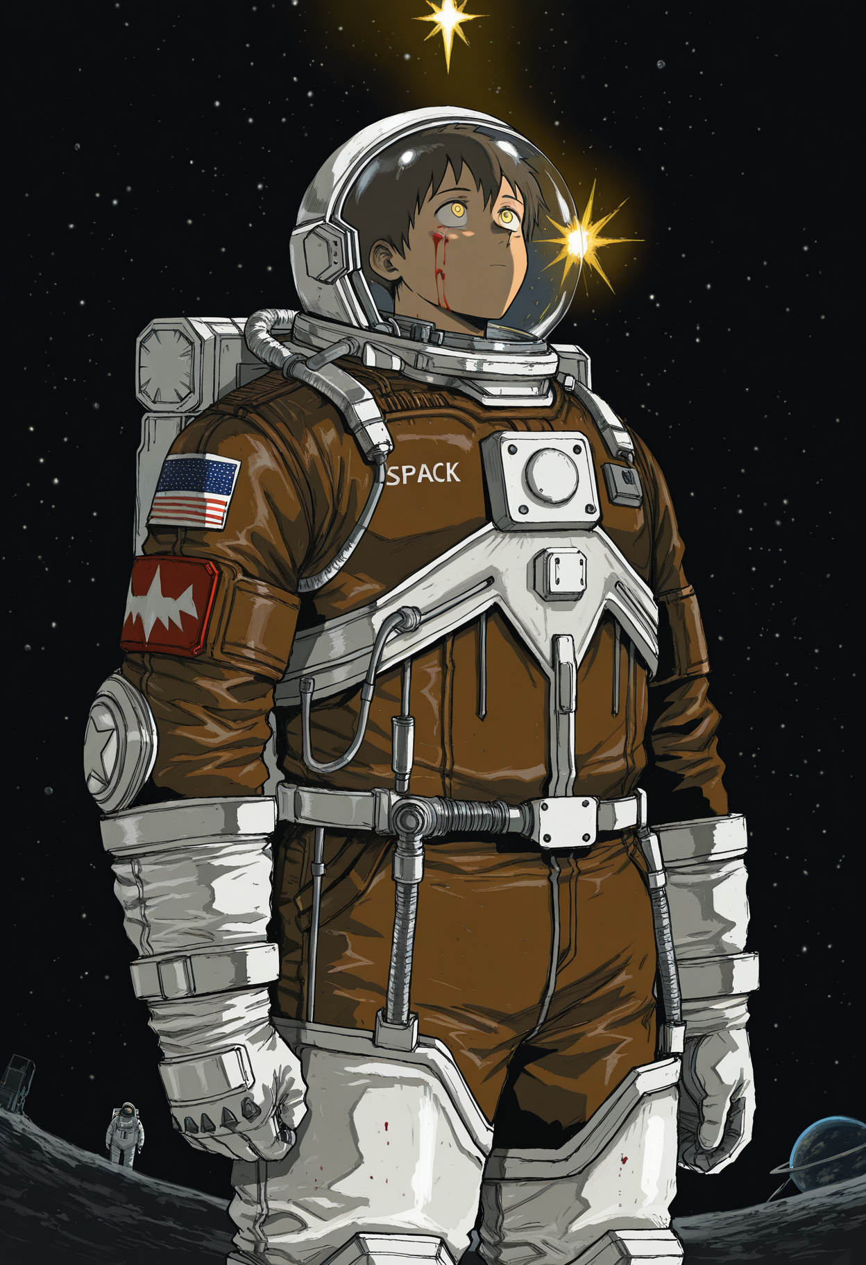 blood, spacesuit, science fiction, blood on face, astronaut, space suit, cowboy shot, 1boy, space helmet, looking up, floating, spaceship, dark theme, brown short hair, stars, glowing stars, space background,
<lora:QHayashidaIL-style:1>, qhayashidastyle312,masterpiece,best quality,amazing quality,