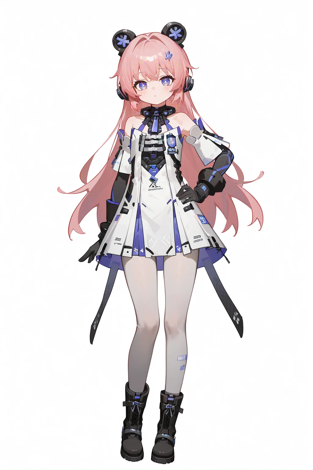 score_9, score_8_up, score_7_up, score_anime, 8k, best quality, masterpiece, (ultra-detailed), (white background,simple background:1.3), solo, hands on hip, (full body:1.1), looking at viewer,
<lora:buouxiong-pony-Tanger-000012:0.7>, buouxiong, 2nd clothes, fanyong, animal ears, white dress, 1girl, long hair, gloves, pink hair, dress, boots, grey pantyhose,
cute,