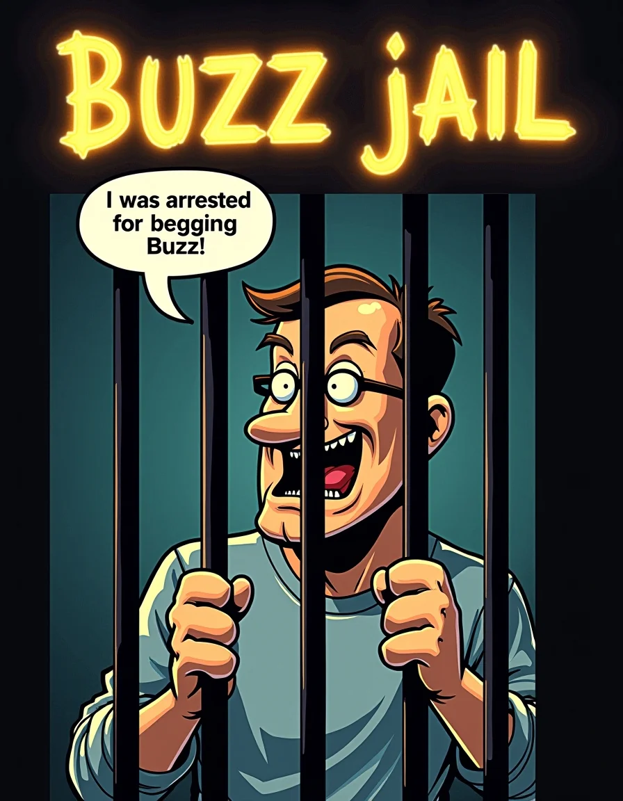 man behind prison bars says in speech bubble "I was arrested for begging Buzz" , at top of image text "Buzz jail" written with electrified yellow letters