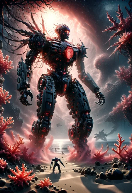 masterpiece, one-person solo, Dark-Fantasy-page Jed-rbt, robot made-out-of-coral, (dark:1.1) outdoors beach (shadows) (dark-atmosphere) ominous eerie