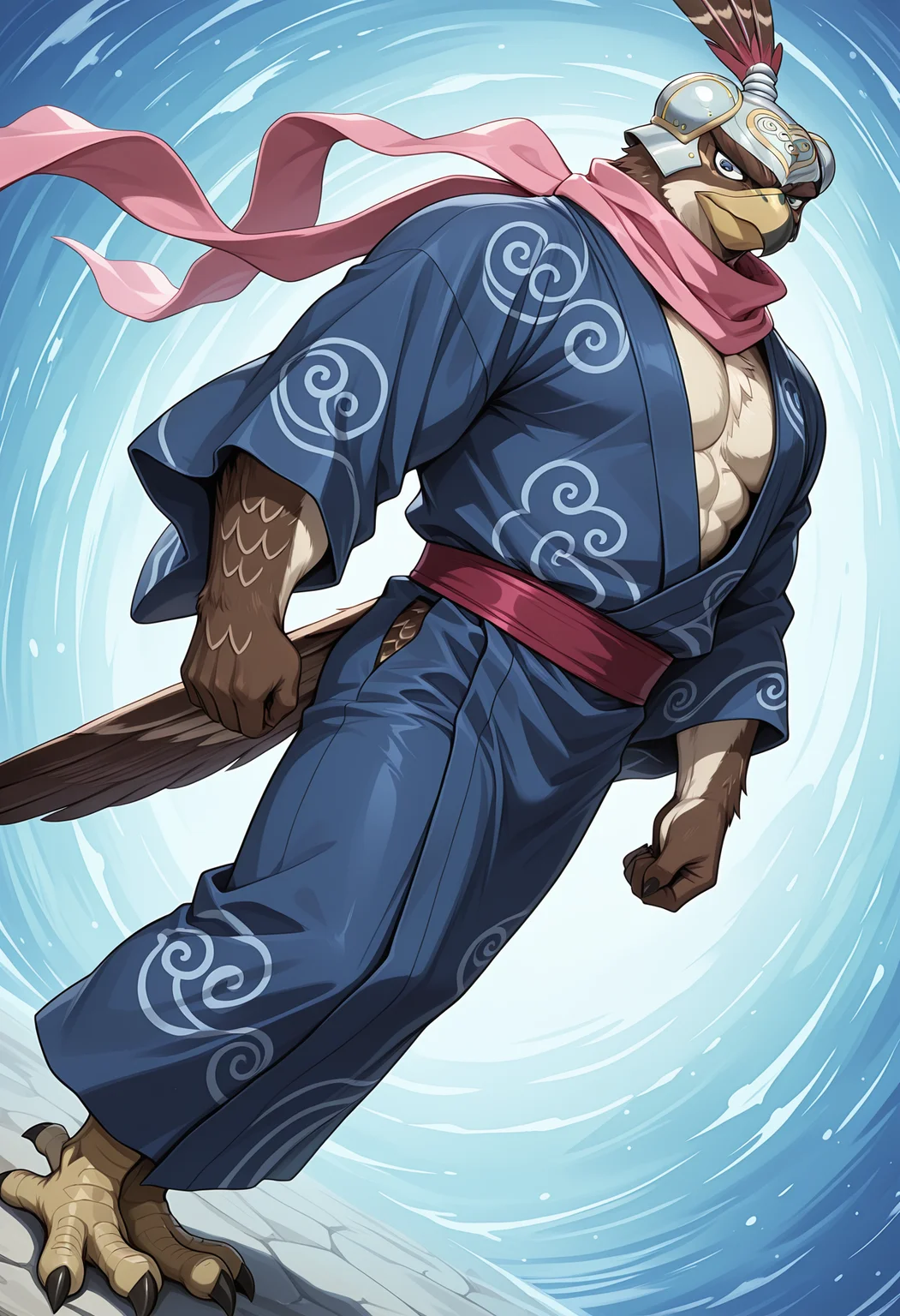 masterpiece, best quality, amazing quality, dutch angle, dynamic angle, abstract background, BREAK
1boy, solo, furry male, anthro, falcon, jjba_petshop, brown feathers, helmet, blue eyes, pink scarf, talons, arms, muscular male, hands, yukata, japanese clothing, BREAK
<lora:cfg_scale_boost:.6>,   <lora:Petshop_-_Jojos_Bizarre_Adventure_-_ILXL:.8>