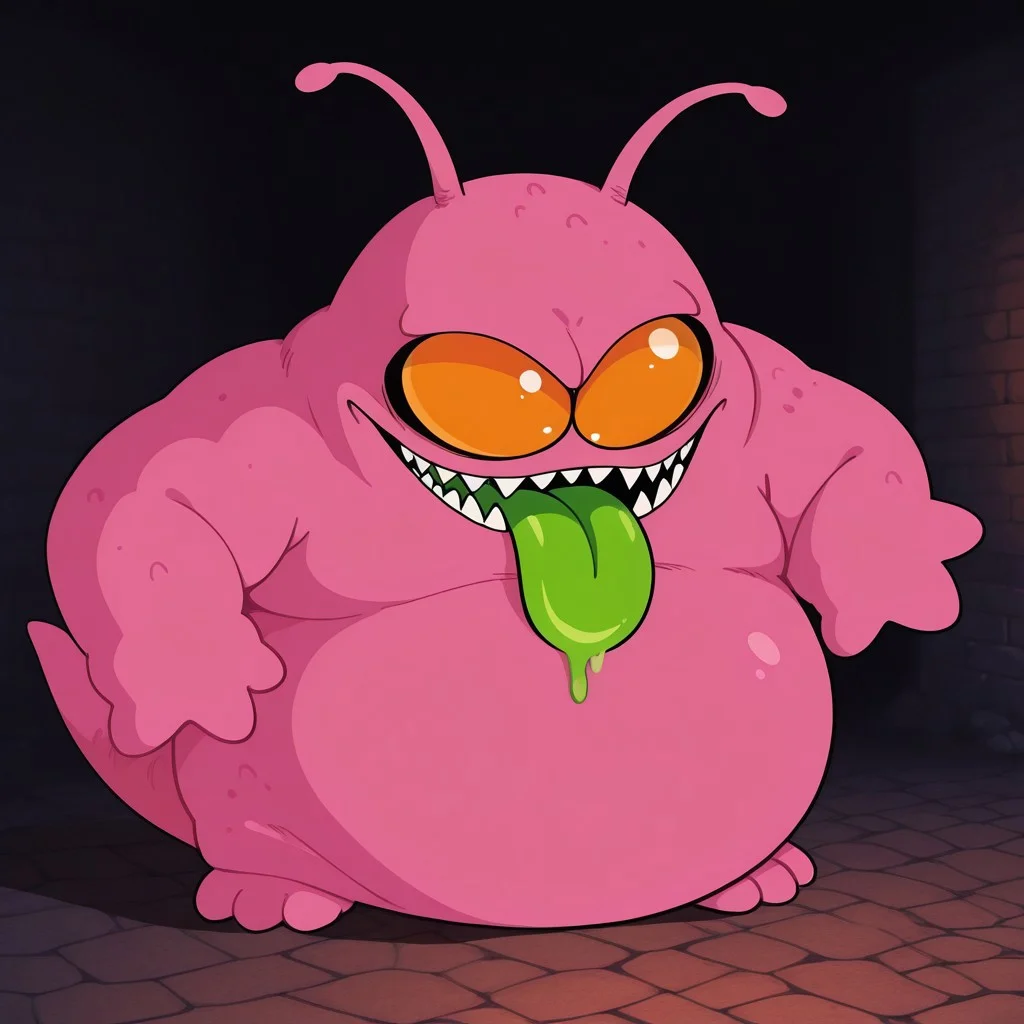 masterpiece, best quality, high resolution, ultra-detailed, detailed face, amazing quality BREAK Buy0nDB, pink skin, green tongue, sharp teeth, antennae, fat, monster, orange sclera, black pupils, mikus-concept, full body, big eyes, chibi, dungeon background