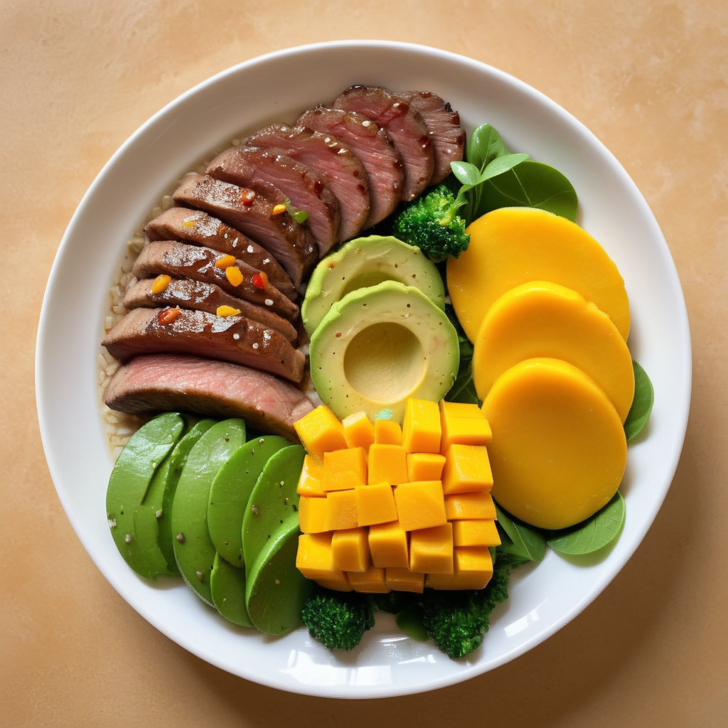 avocado,Generate a realistic photo of a neatly arranged, healthy fitness meal, consisting of a generous portion of meat, slices of mango, and a variety of vegetables. The ingredients should be displayed in an organized manner on the plate, emphasizing the harmony of colors and textures. The meat should be succulent and well-seasoned, but without any black pepper. Vegetables should add a fresh and vibrant green to the composition, creating a visually appealing contrast with the yellow of the mango and the rich color of the meat. The presentation is key, with each component of the meal having its distinct place on the plate, showcasing a balance of nutrition and aesthetics, <lora:fitfood:0.8>,fitfood