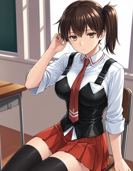 1girl, solo, kaga \(kancolle\), brown eyes, brown hair, side ponytail, expressionless, BB_Uniform, school uniform, black vest, white shirt, sleeve cuffs, red necktie, pleated skirt, red skirt, black thighhighs, hand in own hair, looking at viewer, sitting on chair, indoors, school, classroom, light theme <lora:bb_uniform_ilxl_v1:0.7>