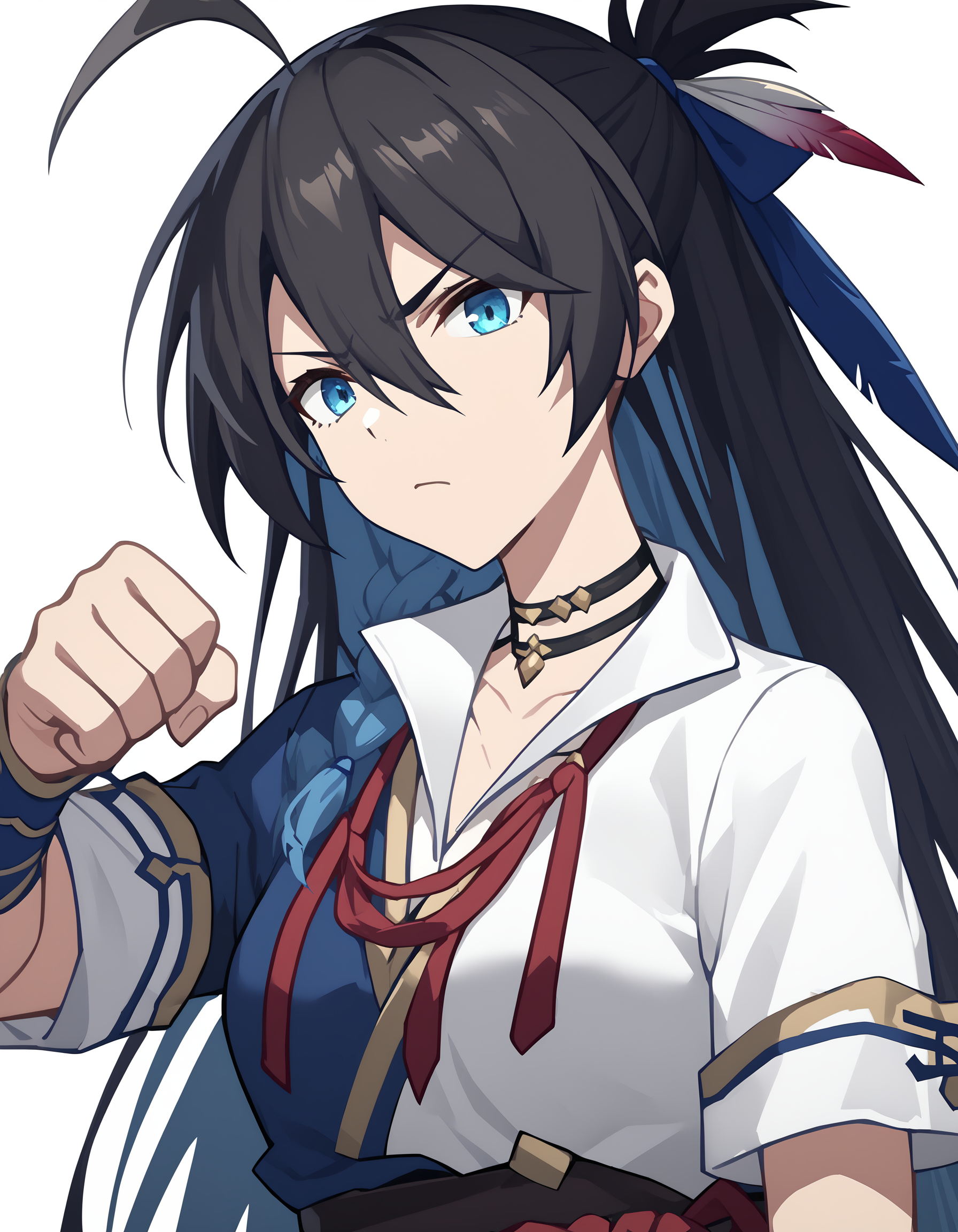 score_9,score_8_up,score_7_up,white background,simple background,looking at viewer,punching,fist,<lora:gutu_pony:0.8>,gutu,1girl,solo,blue eyes,long hair,black hair,ahoge,braid,bangs,hair between eyes,choker,feathers,ribbon,shirt,white shirt,collared shirt,arm_support,knee_up,<lora:Anime_Screencap:1>,anime screencap,