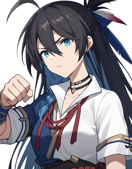 score_9,score_8_up,score_7_up,white background,simple background,looking at viewer,punching,fist,<lora:gutu_pony:0.8>,gutu,1girl,solo,blue eyes,long hair,black hair,ahoge,braid,bangs,hair between eyes,choker,feathers,ribbon,shirt,white shirt,collared shirt,arm_support,knee_up,<lora:Anime_Screencap:1>,anime screencap,