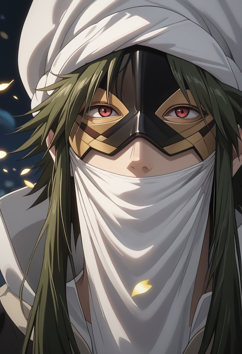 score_9, score_8_up, score_7_up, source_anime, rating_safe, IthnanMAGI, dark green_Ithnan_hair, red_Ithnan_eyes, 1boy, male focus, anime screencap, white_Ithnan_hat, black-yellow_Ithnan_mask, white_Ithnan_mouth mask, gold_particles,