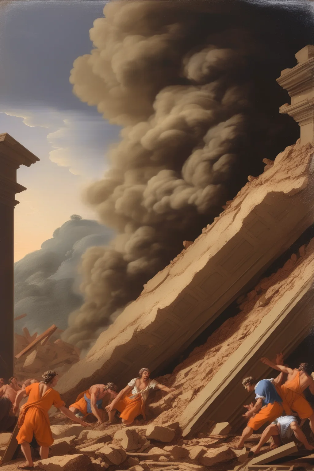 <lora:Nicolas Poussin Style:1>Nicolas Poussin Style - ispirati a questa antica incisione che raffigura le conseguenze catastrofiche del terremoto in Calabria del 1783 per creare un trompe l'oil da utilizzare come sfondo per un render 3d
