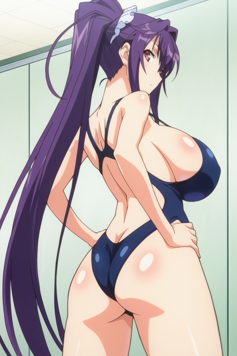 masterpiece , source_anime, ,, ,breasts, swimsuit, long hair, ass, one-piece swimsuit, 1girl, purple hair, solo, hands on hips, ponytail, sideboob, very long hair, huge breasts, large breasts, looking back