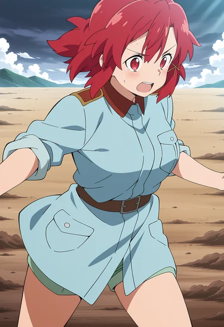anime screencap, anime coloring, detailed face, masterpiece, best quality, very aesthetic, absurdres, volumetric lighting, official style, amazing quality, ultra detailed, highres, amazing quality, 1girl, solo, <lora:Izetta [Illustrious] Izetta The Last Witch:1>, Izz, red hair, red eyes, short hair, hair ornament, military uniform, blue shirt, oversized shirt, sleeves rolled up, belt, green shorts, short shorts, standing, dynamic pose, dirt, cloudy sky,