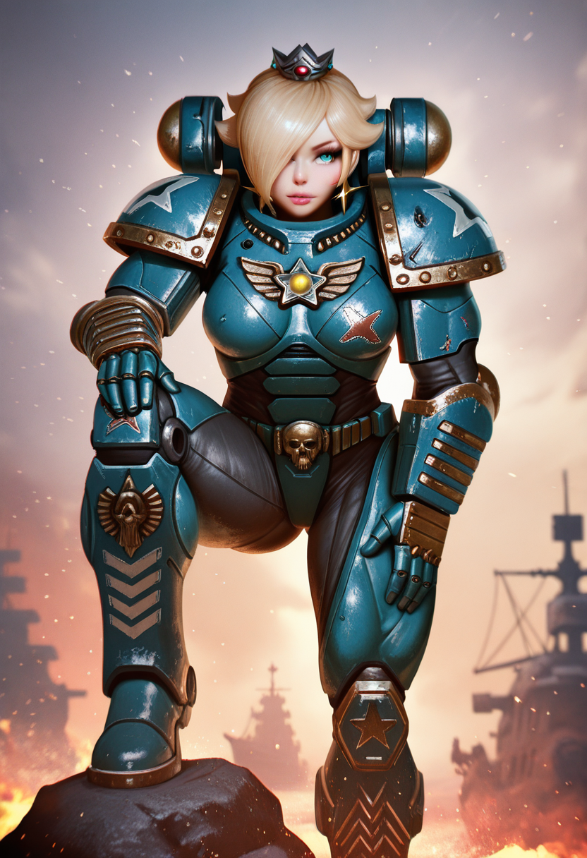 hyper detailed, masterpiece, best quality, realistic, amazing detail, solo, 1girl, rosalina, intricate details, power armor, top, pants, gauntlets, boots, muscular, armor, ultramarine, warhammer 40k, stern, clouds, fire, knee up, rock, epic, hand on knee, particles, ships, tropical beach,,, sh11kar1, <lora:SHIKARII_Style_IL:1>