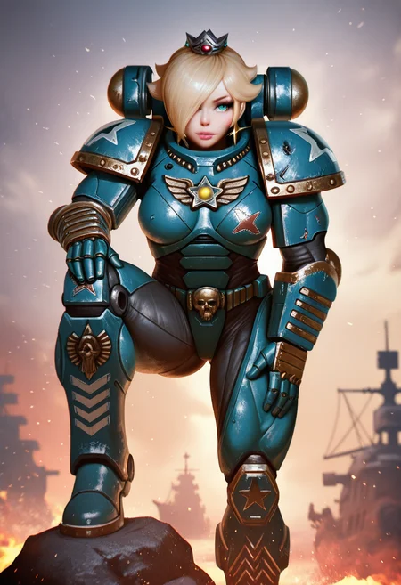 hyper detailed, masterpiece, best quality, realistic, amazing detail, solo, 1girl, rosalina, intricate details, power armor, top, pants, gauntlets, boots, muscular, armor, ultramarine, warhammer 40k, stern, clouds, fire, knee up, rock, epic, hand on knee, particles, ships, tropical beach,,, sh11kar1, <lora:SHIKARII_Style_IL:1>