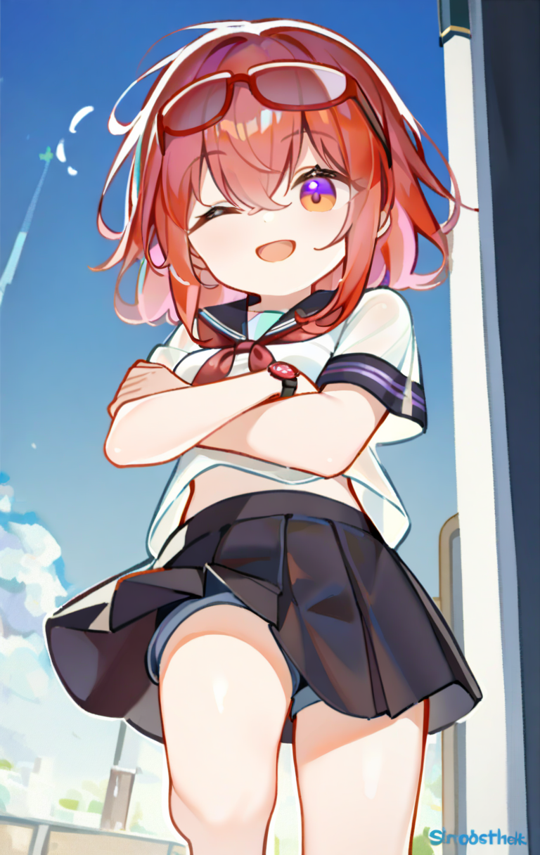 1girl, 
student, school uniform, shorts, ;d, arms crossed, one eye closed, red-framed eyewear, orange eyes, wristwatch, shorts under skirt, breasts, eyewear on head, semi-rimless eyewear, red eyes, watch, pleated skirt, smile, orange hair, serafuku, solo, medium breasts, blue sky, under-rim eyewear, artist name, short shorts, short hair, red hair, english text, skirt, purple hair, standing, hair over eyes, two-tone hair, standing on one leg, glasses, sky, multicolored hair
 <lora:tianliang3:1>