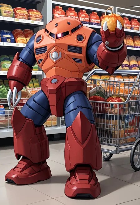 score_9, score_8_up, score_7_up, source_anime, cowboy shot, side view, BREAK, ( zgok, red_zgok_armor, pink monoeye, full body, looking at viewer, combat pose, ballast tanks on back, weathering, legs apart, 3 fingers, ) 1mech, mech focus, solo, BREAK, grocery store, (pushing shopping cart)