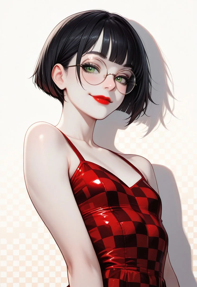 masterpiece, best quality, 32k, high resolution, absurdres, JeddtlIL, dtlys, hyper-detailed, Polly, PollyRH, short hair, bobcut, black hair, bangs, green eyes, small breasts, almost flat chest, slim, pale skin, big round eyeglasses, clear eyeglasses lenses, red lipgloss, Checkered background, checkered tube dress, tight dress, pinup pose, little smile, closed mouth, shadow, aesthetic