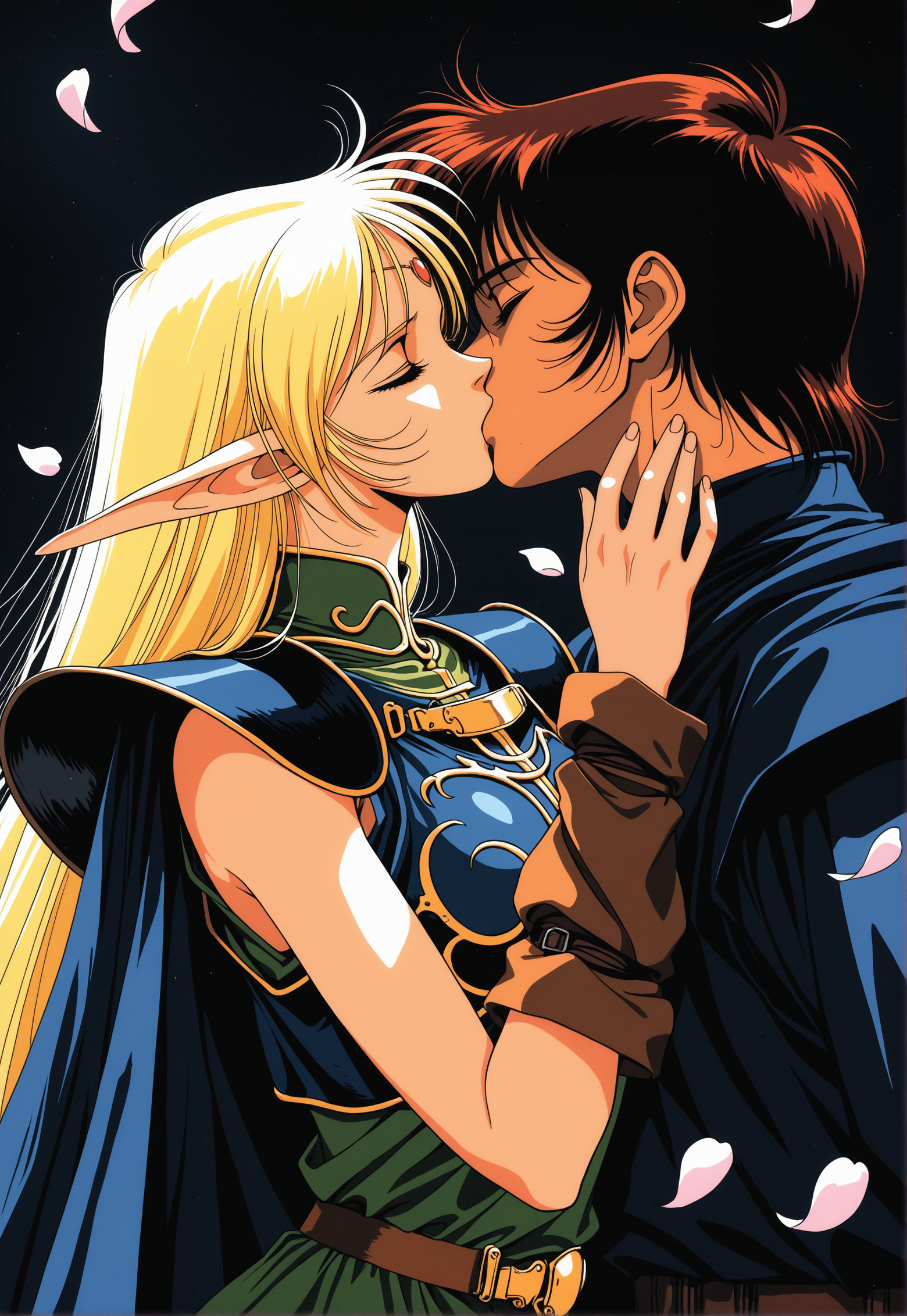 masterpiece, best quality, 1990s \(style\),
deedlit, pan, record of lodoss war, romance, kiss, love, floating petals, dark background,
reij-rdfg <lora:contour:0.7>