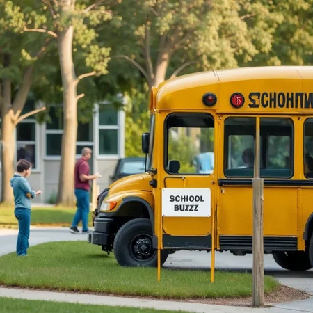Yellow school bus with a sign " schoolBUZZ "