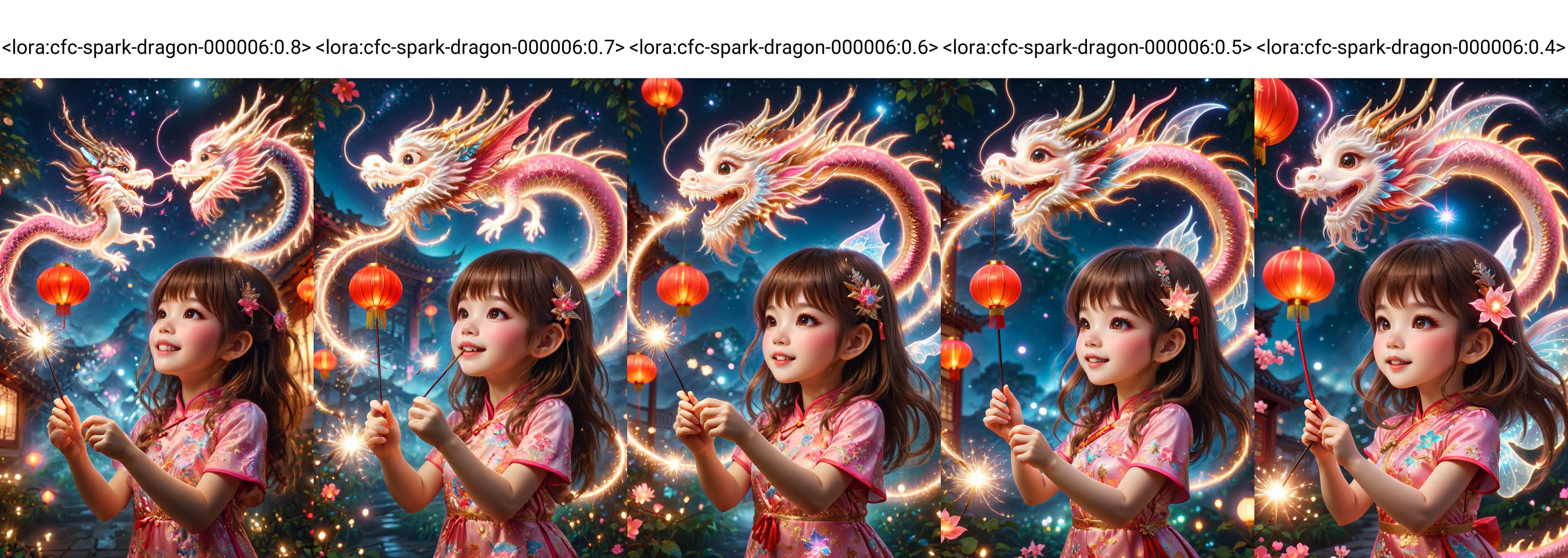 amazing quality, masterpiece, best quality, hyper detailed, ultra detailed, UHD, DOF, depth of field, HDR, perfect anatomy
solo, cute, kawaii, brown hair, joyfully plays with fairy wand, waving it in the air, red lantern, wearing pink cheongsam, milky way,
a small cfc-spark-dragon above the fairy wand, translucent, dazzling, shine, sparking, trajectory of sparks,
<lora:cfc-spark-dragon-000006:0.8>,
<lora:ral-lnrnwyr:0.5>, ral-lnrnwyr,
<lora:add-detail-xl:0.75>,
<lora:extremely_detailed:0.75>, extremely detailed,
<lora:quality1:1.0>,
<lora:DonM3t3rn1tyXL-v1.1-000008:0.7>, DonM3t3rn1tyXL,
<lora:zavy-chnsdrgn-sdxl:0.5>, zavy-chnsdrgn,
SK_Fantasy,