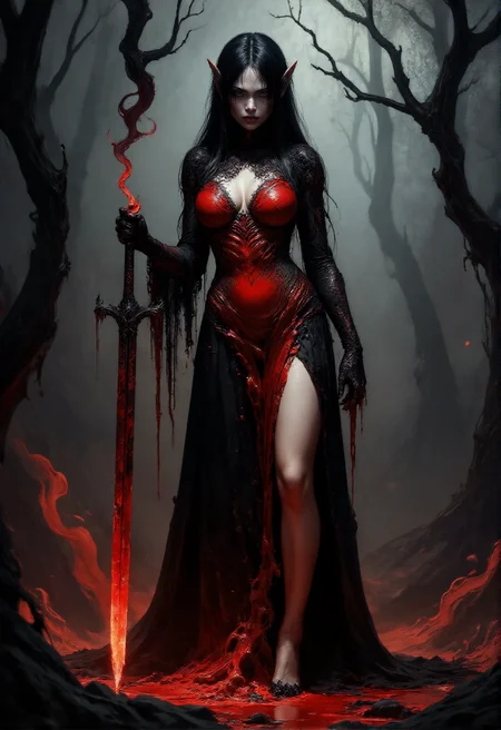 horror-themed An elf goddess of blood, her body composed of swirling crimson liquid and dense black smoke, standing in a dark, mystical forest, wielding a sword made entirely of black smoke. The vibrant red of her form contrasts with the shadows, creating an eerie yet captivating aura. Special effects emphasize the flowing blood and smoky tendrils of her weapon, while post-processing enhances the dramatic lighting and deep contrasts. Visual treatment inspired by the styles of Clive Barker and the dark fantasy art of Brom, merging horror and beauty for a striking image.
<lora:aidmaMJ6.1v0.4:1> aidmaMJ6.1  <lora:DarksunRIDDV3:1> . eerie, unsettling, dark, spooky, suspenseful, grim, highly detailed