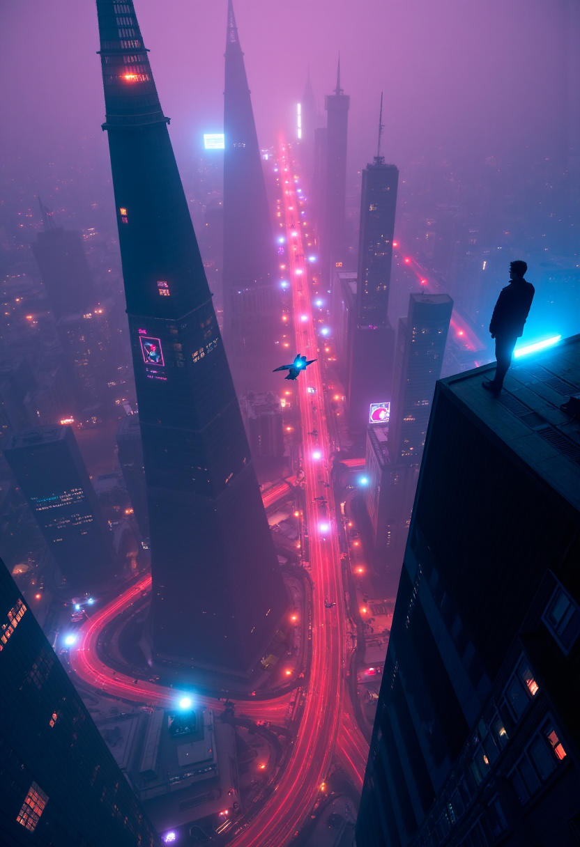 A figure stands atop a miles-high skyscraper, looking out at a sprawling megacity. Neon-lit streets form a glowing web far below, while flying vehicles weave between towering structures. The skyscraper's shadow cuts a dark swath through the cityscape. Holographic advertisements flicker on building facades, casting ever-changing patterns of light. Extreme high-angle shot with a fish-eye lens effect. Cyberpunk-inspired digital painting style, rich in deep purples, electric blues, and acid greens,