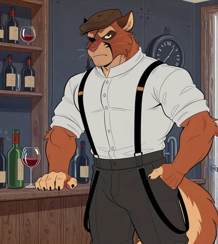 roly, jinu, (solo), anthro, furry, male, manly, viktor vasko, muscular, bara, shirt, pants, hat, suspenders, bartender, wine glass, wine bottle, serious, behind table, serious, 
BREAK masterpiece, best quality, amazing quality, very aesthetic, high resolution, ultra-detailed, absurd res, newest,   <lora:ViktorVasko:1>